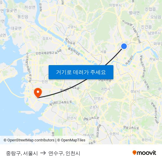 중랑구, 서울시 to 연수구, 인천시 map