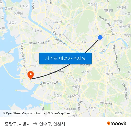 중랑구, 서울시 to 연수구, 인천시 map