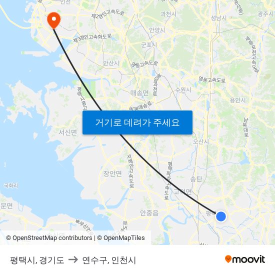 평택시, 경기도 to 연수구, 인천시 map