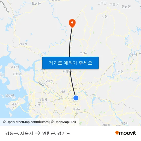강동구, 서울시 to 연천군, 경기도 map