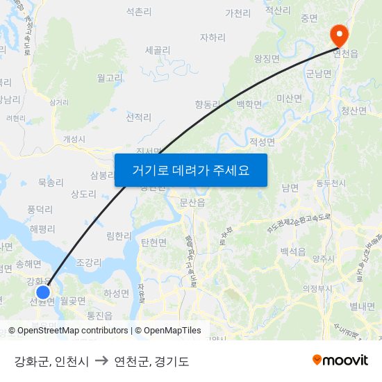 강화군, 인천시 to 연천군, 경기도 map