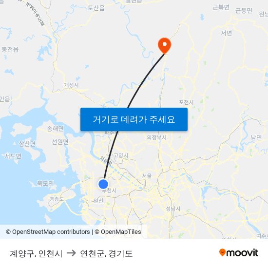 계양구, 인천시 to 연천군, 경기도 map