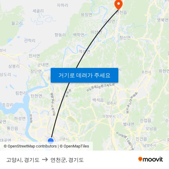 고양시, 경기도 to 연천군, 경기도 map