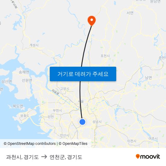 과천시, 경기도 to 연천군, 경기도 map