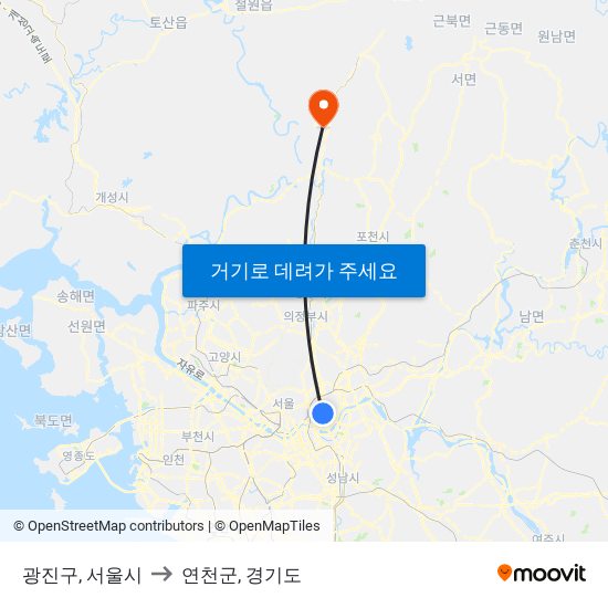 광진구, 서울시 to 연천군, 경기도 map