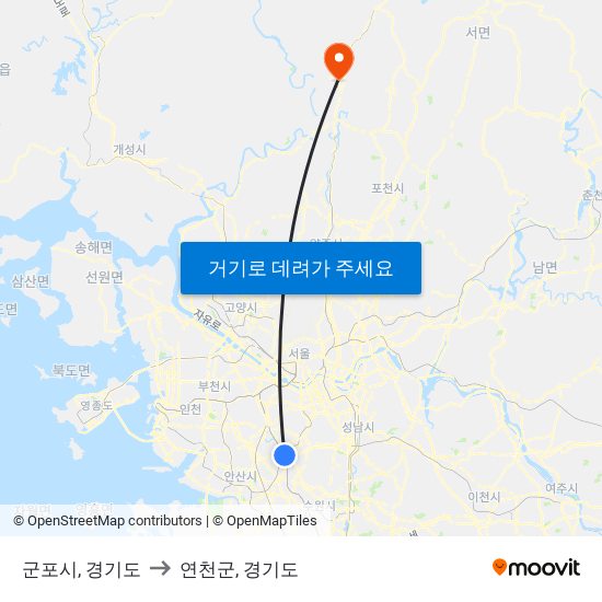 군포시, 경기도 to 연천군, 경기도 map