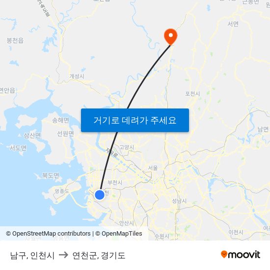 남구, 인천시 to 연천군, 경기도 map