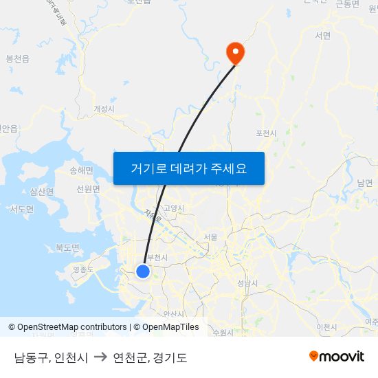 남동구, 인천시 to 연천군, 경기도 map