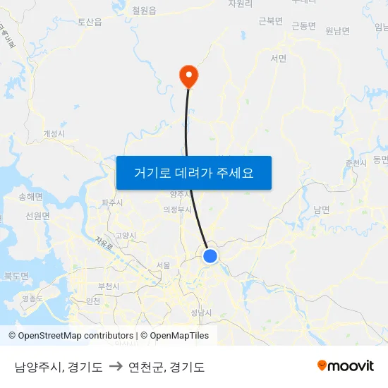 남양주시, 경기도 to 연천군, 경기도 map