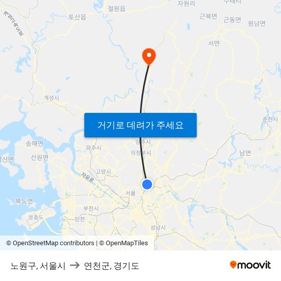 노원구, 서울시 to 연천군, 경기도 map