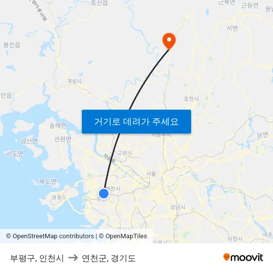 부평구, 인천시 to 연천군, 경기도 map