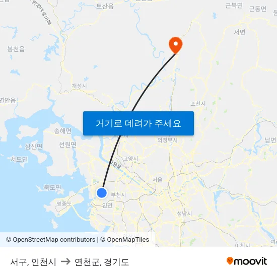 서구, 인천시 to 연천군, 경기도 map