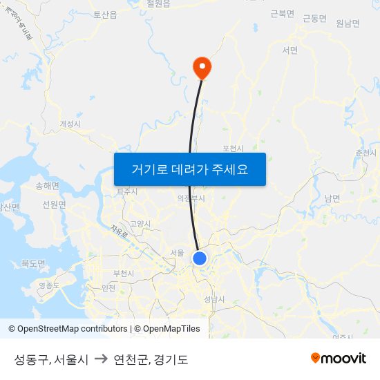 성동구, 서울시 to 연천군, 경기도 map