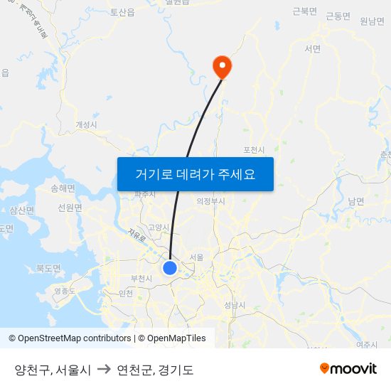 양천구, 서울시 to 연천군, 경기도 map