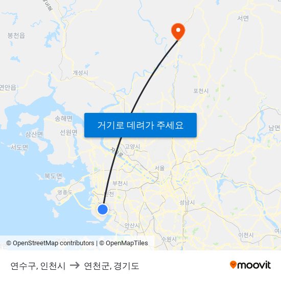 연수구, 인천시 to 연천군, 경기도 map