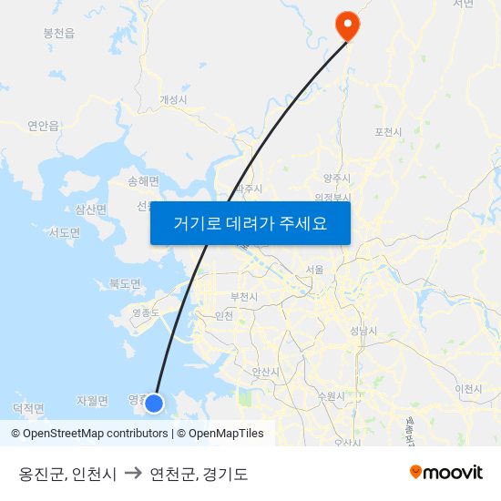 옹진군, 인천시 to 연천군, 경기도 map