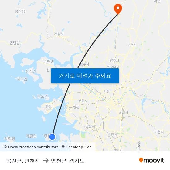 옹진군, 인천시 to 연천군, 경기도 map