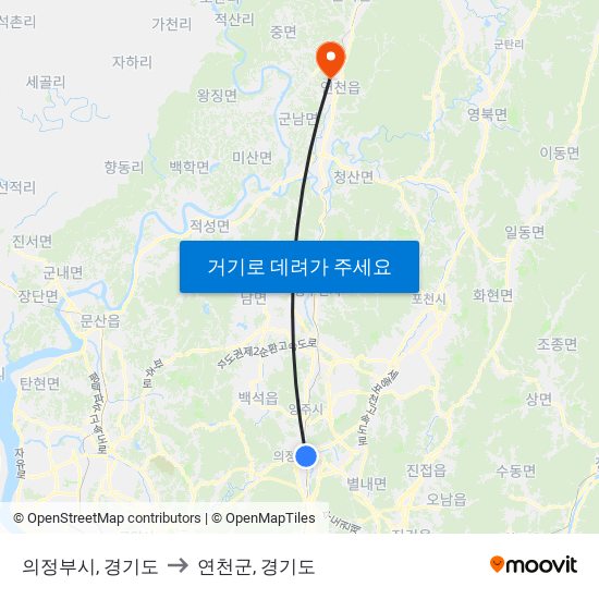 의정부시, 경기도 to 연천군, 경기도 map