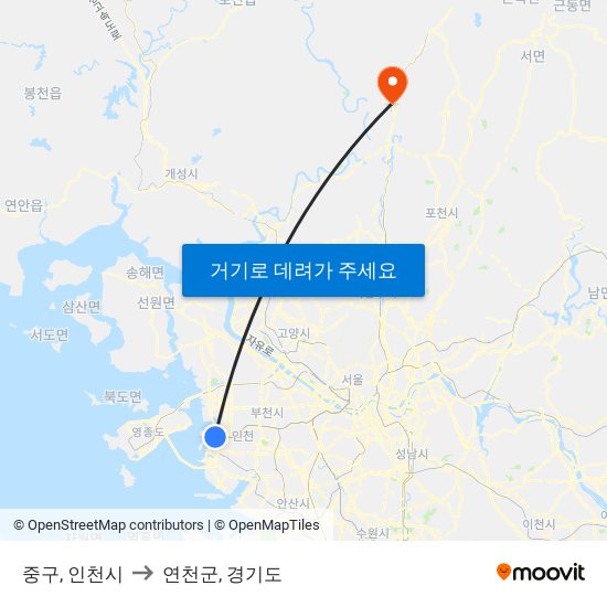 중구, 인천시 to 연천군, 경기도 map