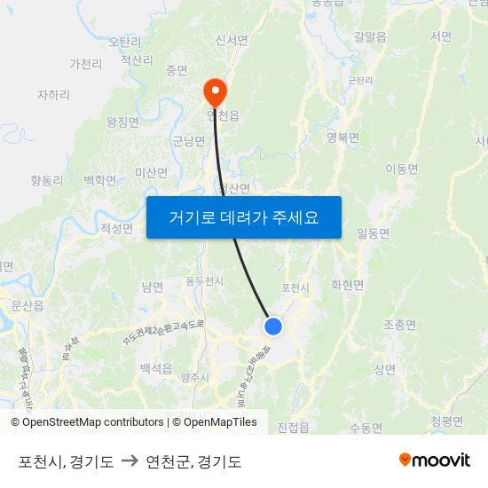 포천시, 경기도 to 연천군, 경기도 map