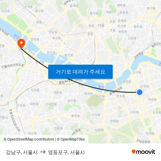 강남구, 서울시 to 영등포구, 서울시 map