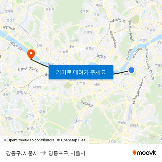 강동구, 서울시 to 영등포구, 서울시 map