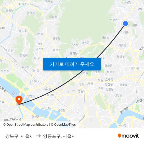 강북구, 서울시 to 영등포구, 서울시 map