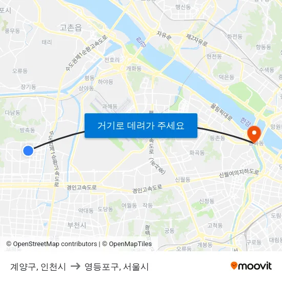 계양구, 인천시 to 영등포구, 서울시 map