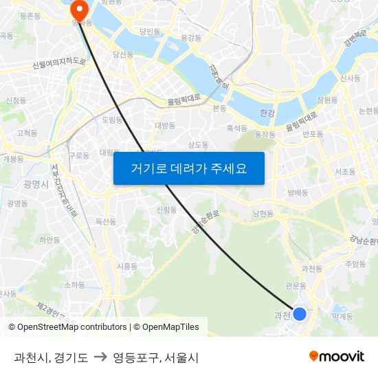 과천시, 경기도 to 영등포구, 서울시 map