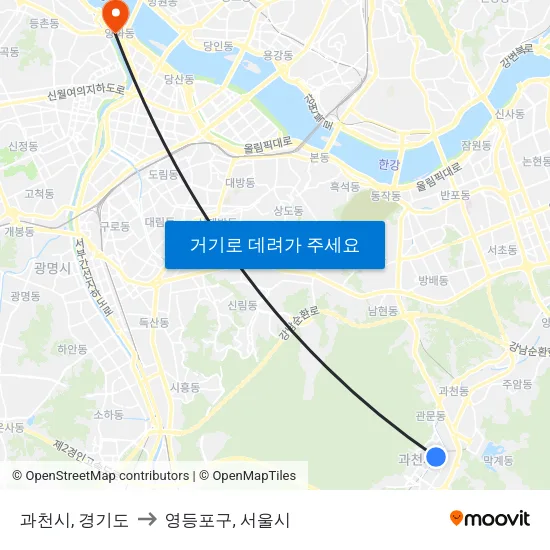 과천시, 경기도 to 영등포구, 서울시 map