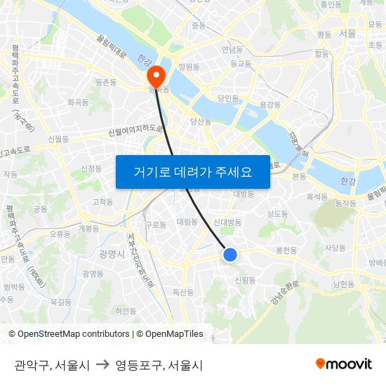 관악구, 서울시 to 영등포구, 서울시 map