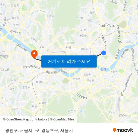 광진구, 서울시 to 영등포구, 서울시 map