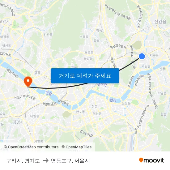 구리시, 경기도 to 영등포구, 서울시 map