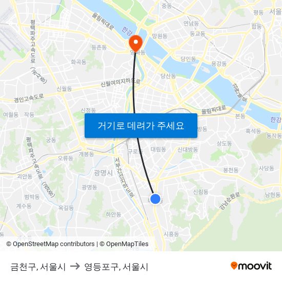 금천구, 서울시 to 영등포구, 서울시 map