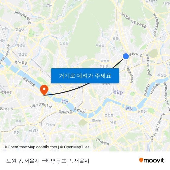 노원구, 서울시 to 영등포구, 서울시 map