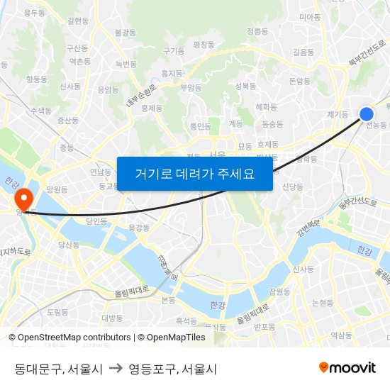 동대문구, 서울시 to 영등포구, 서울시 map