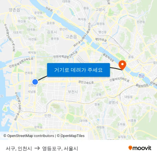 서구, 인천시 to 영등포구, 서울시 map