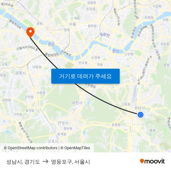 성남시, 경기도 to 영등포구, 서울시 map