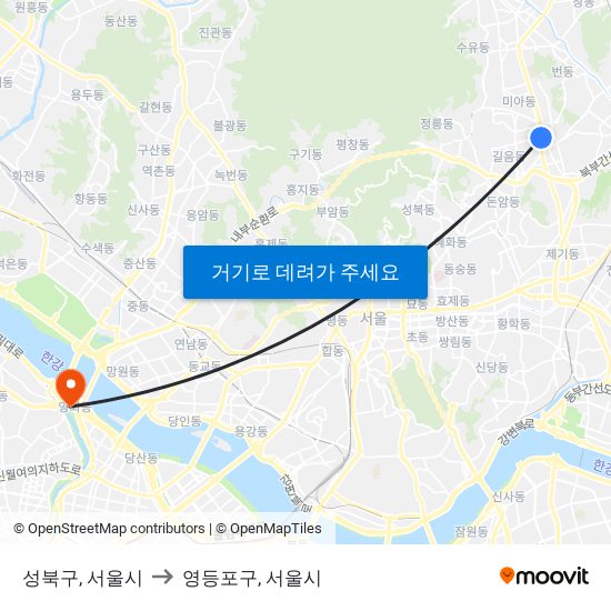 성북구, 서울시 to 영등포구, 서울시 map