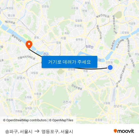 송파구, 서울시 to 영등포구, 서울시 map