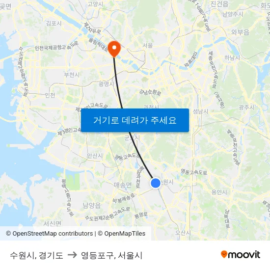 수원시, 경기도 to 영등포구, 서울시 map