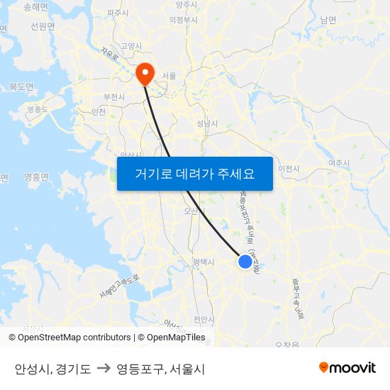 안성시, 경기도 to 영등포구, 서울시 map