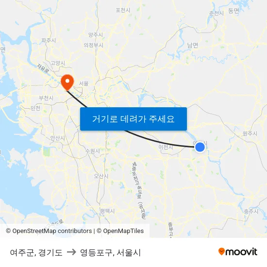 여주군, 경기도 to 영등포구, 서울시 map