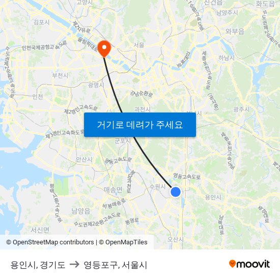 용인시, 경기도 to 영등포구, 서울시 map