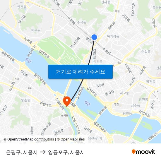 은평구, 서울시 to 영등포구, 서울시 map