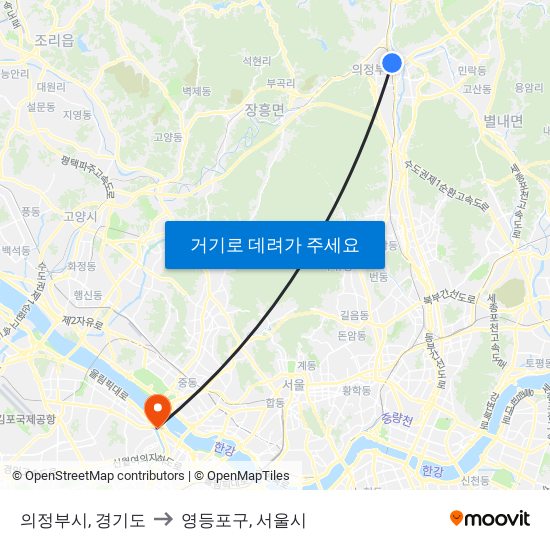 의정부시, 경기도 to 영등포구, 서울시 map