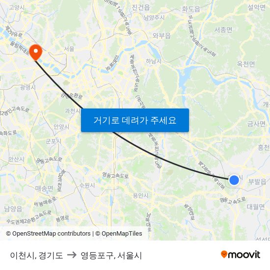 이천시, 경기도 to 영등포구, 서울시 map