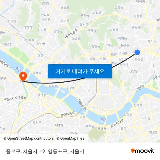 종로구, 서울시 to 영등포구, 서울시 map