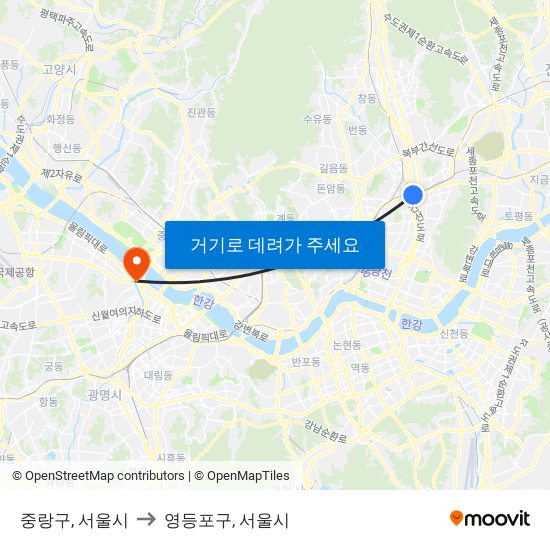 중랑구, 서울시 to 영등포구, 서울시 map