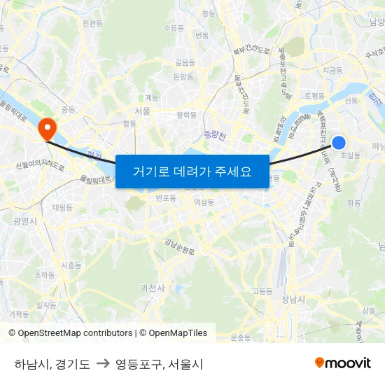 하남시, 경기도 to 영등포구, 서울시 map